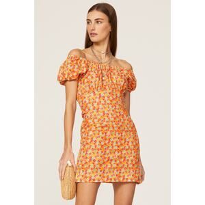 CAROLINE CONSTAS Orange Floral Calla Ruched Puff Sleeve Mini Dress Size Medium